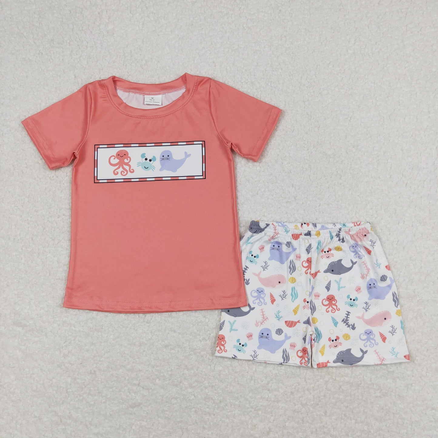 RTS NO MOQ（In Stock) Octopus Crab Seal Brick Red Short Sleeve White Shorts Suit