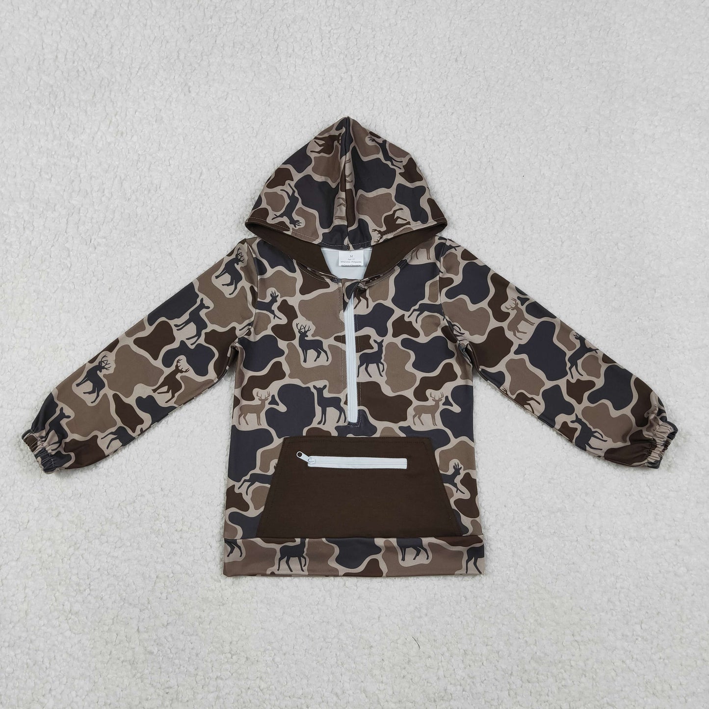 RTS NO MOQ（In Stock) BT1348 Reindeer Camouflage Dark Brown Zipper Pocket Hooded Long-Sleeved Top