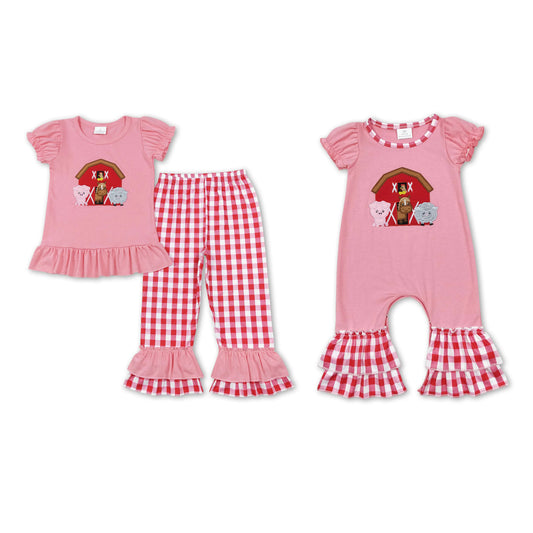 RTS NO MOQ GSPO0994 SR0511  Embroidered Animal-House Pattern Pink Bubble Short Sleeve Pants Set & Climbing Suit