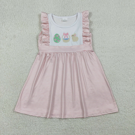 RTS NO MOQ（In Stock ) GSD2957 Embroidered Easter flower, egg basket, and rabbit pink striped sleeveless dress