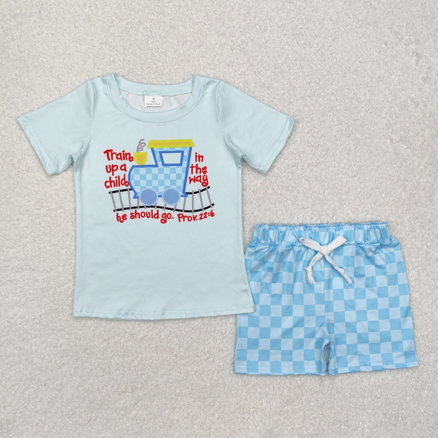 RTS NO MOQ ETA 5/7days Arrived BSSO1128 Letter train blue short-sleeved plaid shorts set