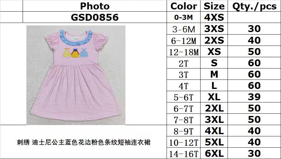 GSD0856 Embroidered Disney Princess Blue Lace Pink Striped Short Sleeve Dress