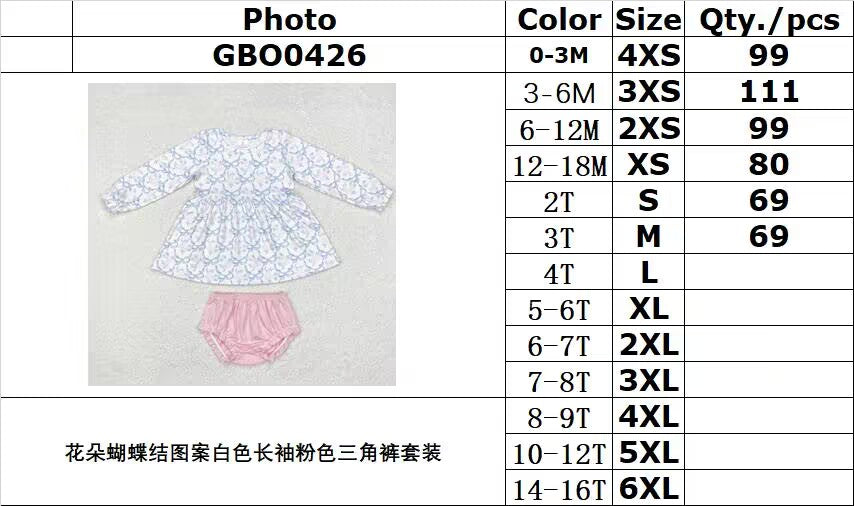 RTS no moq GBO0426 Flower bow pattern white long sleeve pink briefs set