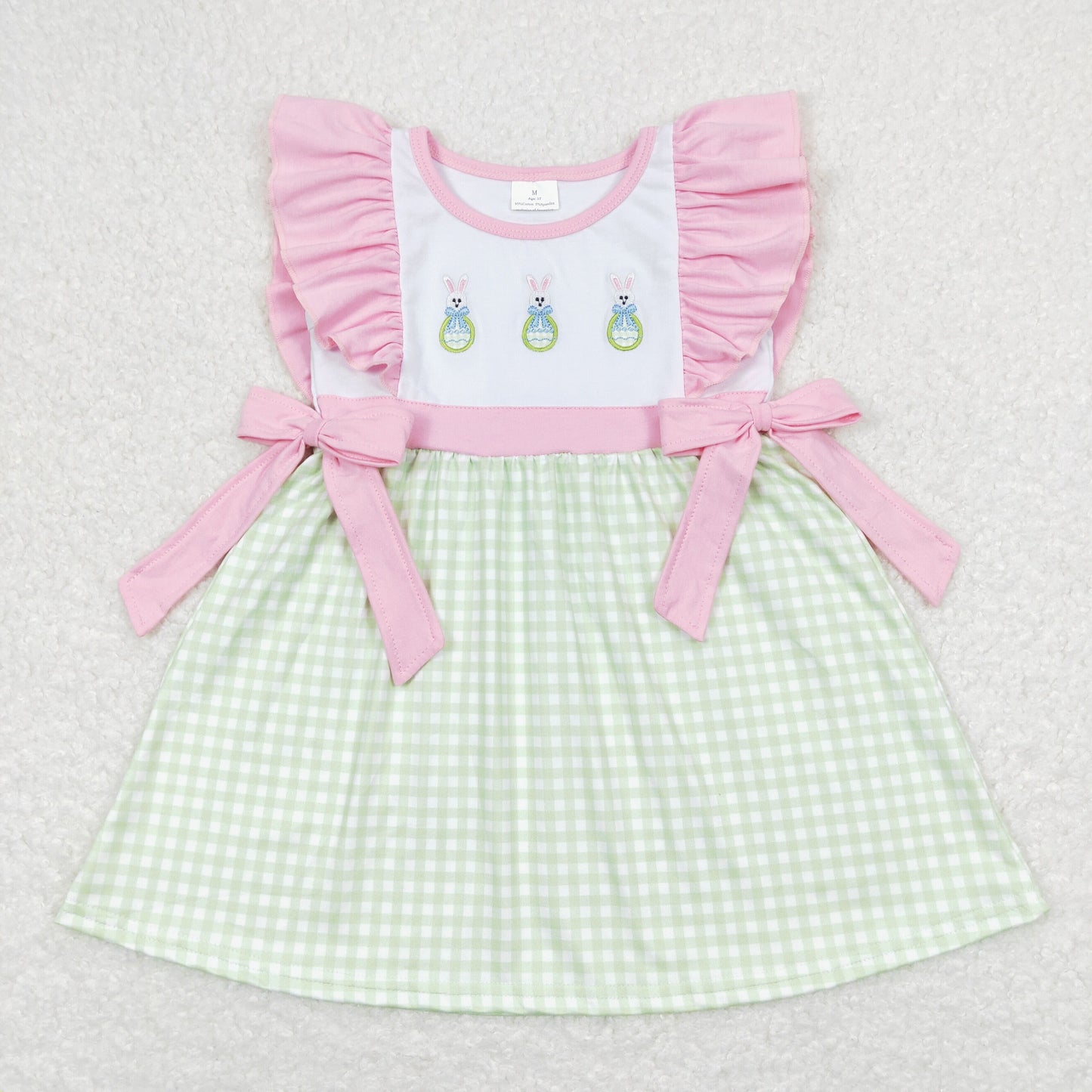 RTS NO MOQ（In Stock) Embroidered bow Easter egg rabbit green and white plaid pink lace bow flying sleeve dress