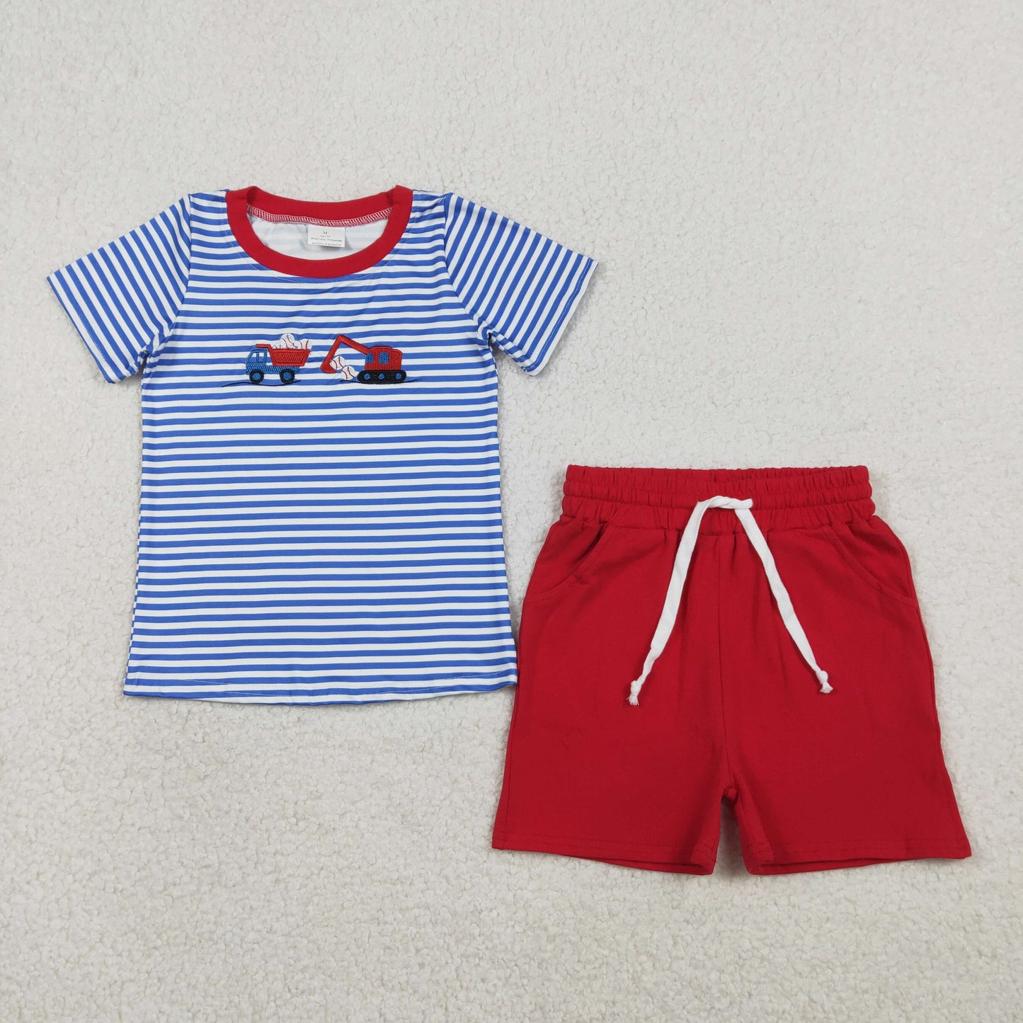 RTS NO MOQ（In Stock) BSSO1671 Embroidered Baseball Truck Construction Vehicle Blue Striped Short-Sleeve Sleeve and Red Shorts Set