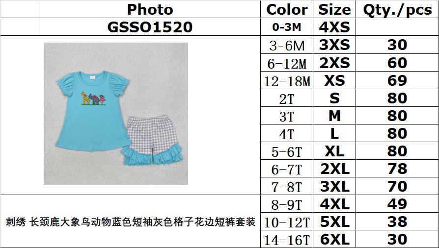 RTS NO MOQ ETA 5/7days Arrived GSSO1520 Embroidered giraffe elephant bird animal blue short-sleeved gray plaid lace shorts set