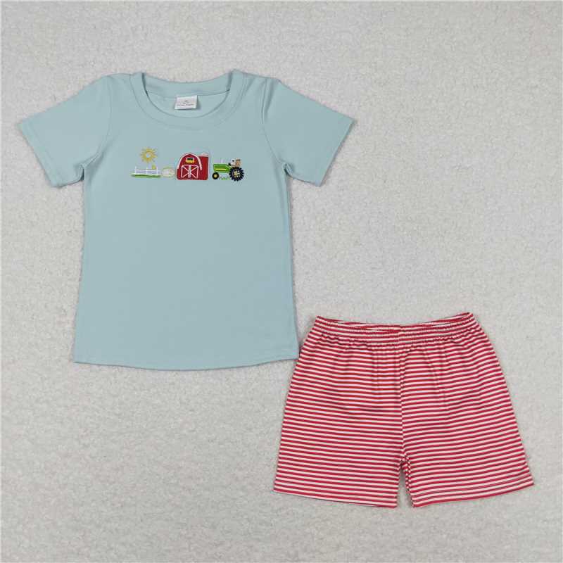 RTS NO MOQ Baby Girls and Boys embroidery Short Sleeve Shorts Sets
