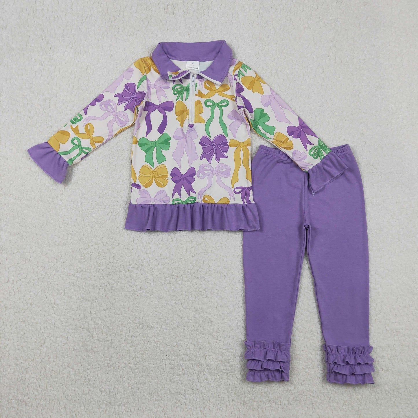 RTS NO MOQ（In Stock) GLP2823 Carnival Bow Pattern Purple Lace Zipper Long-Sleeved Pants Set