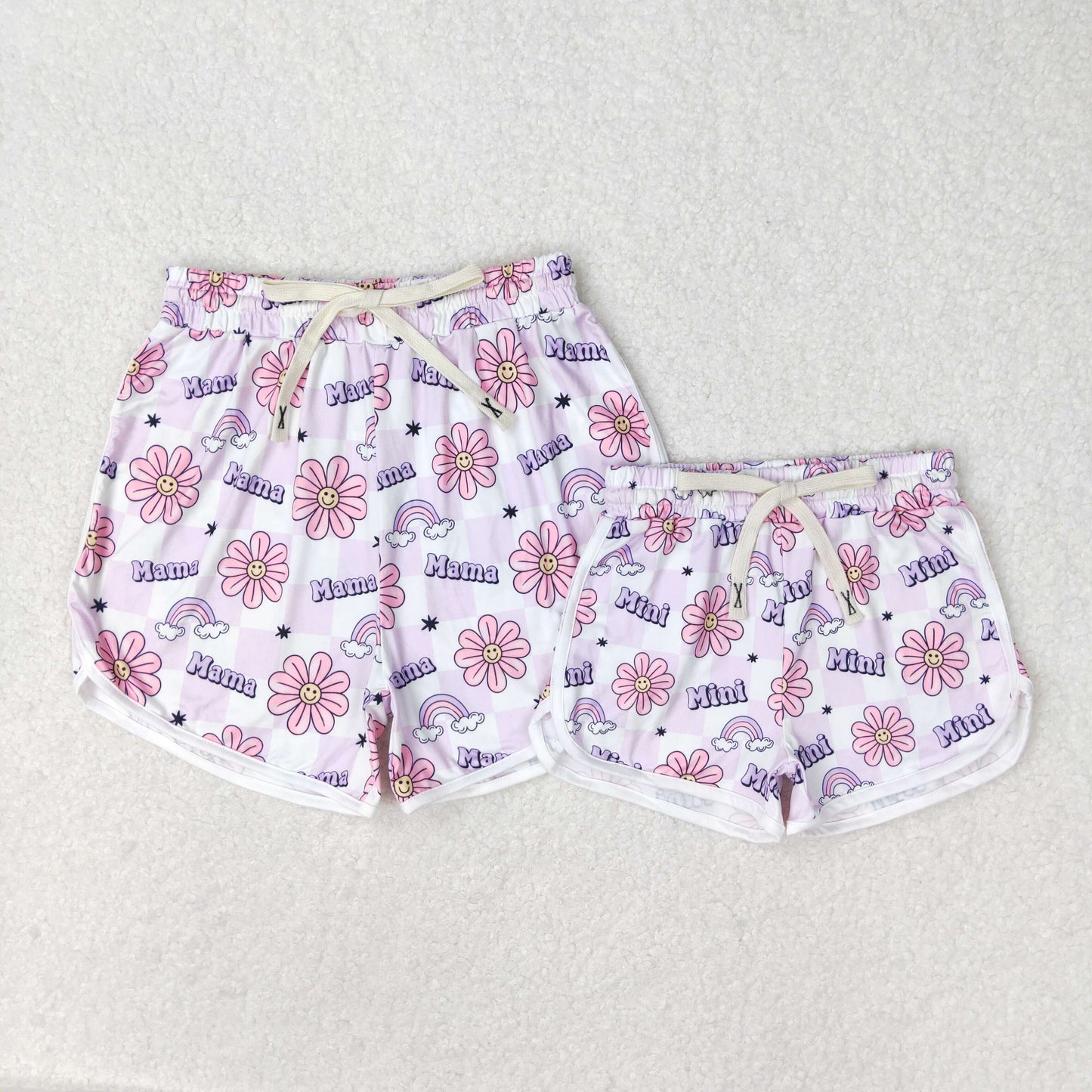 rts no moq SS0172 Adult women mama smiley flower purple and white plaid shorts