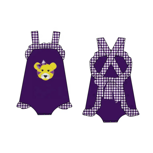 Custom moq 3 eta 7/8week moq 5 eta /4/5week Bow Leopard Head Purple Plaid Ruffled Edge Short Suspender Bodysuit