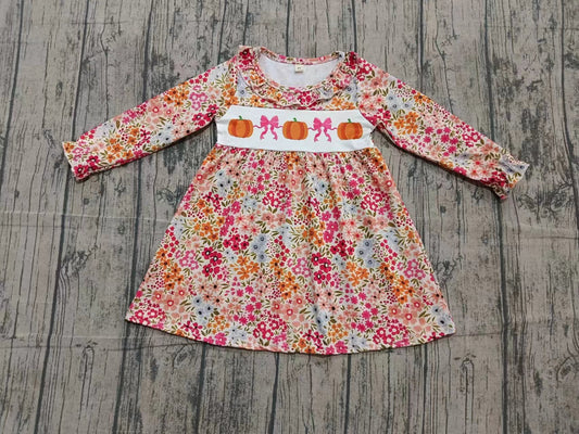 Custom moq 5 eta 6-8weeks baby girl clothes floral bow pumpkin long sleeve dress-25.10.25