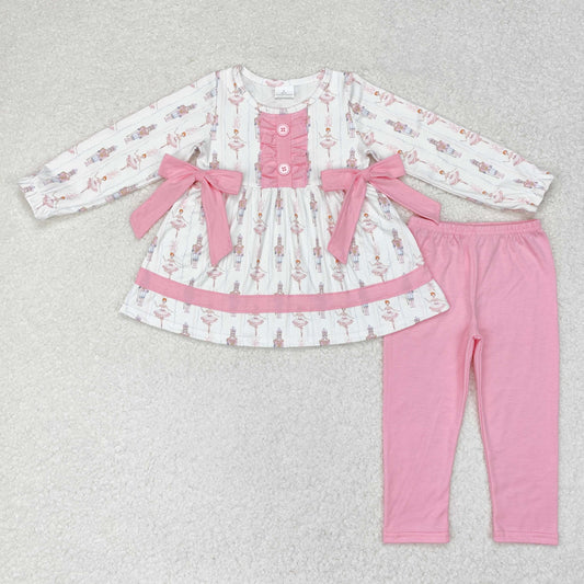 rts no moq GLP1283 Christmas nutcracker pink bow long sleeve trousers set