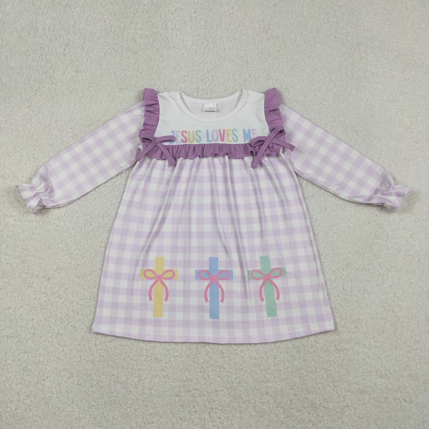 12/18m-7/8t RTS NO MOQ（In Stock) GLD1356 Jesus Loves Me bow pattern cross purple lace plaid long-sleeved dress