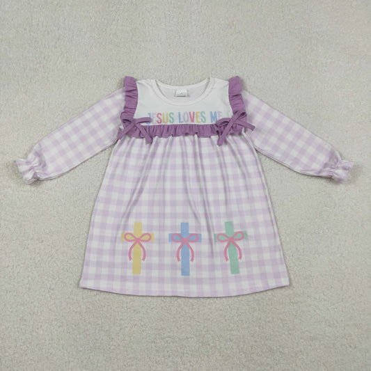12/18m-7/8t RTS NO MOQ（In Stock) GLD1356 Jesus Loves Me bow pattern cross purple lace plaid long-sleeved dress