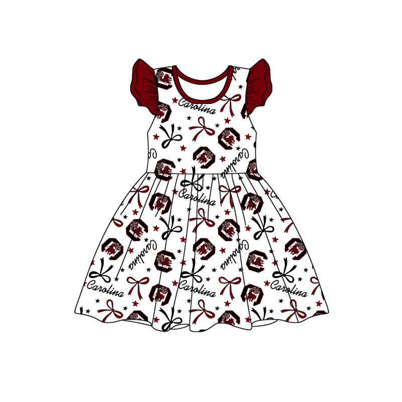 custom moq 3 eta 6-7weeks baby girls clothes bow dark red flying Sleeves Dress