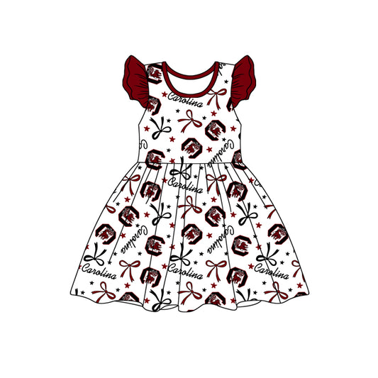 custom moq 3 eta 6-7weeks baby girls clothes bow dark red flying Sleeves Dress