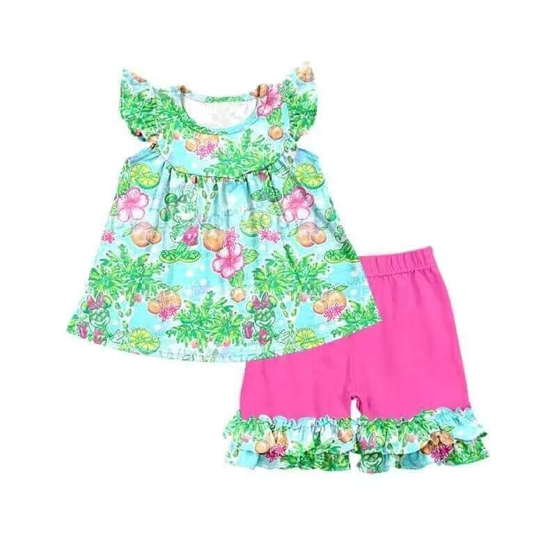 custom moq 5 eta 4-5 weeks baby girls clothes green flying sleeve rose red shorts summer outfit