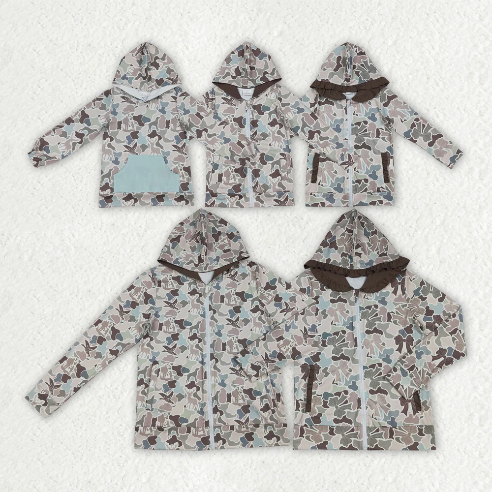 12/18m-7/8t RTS NO MOQ Sibling baby girl boy clothes and Adult clothes camouflage bow  hooded long sleeve tops and adult tops