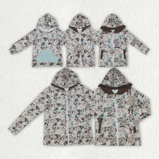12/18m-7/8t RTS NO MOQ Sibling baby girl boy clothes and Adult clothes camouflage bow  hooded long sleeve tops and adult tops