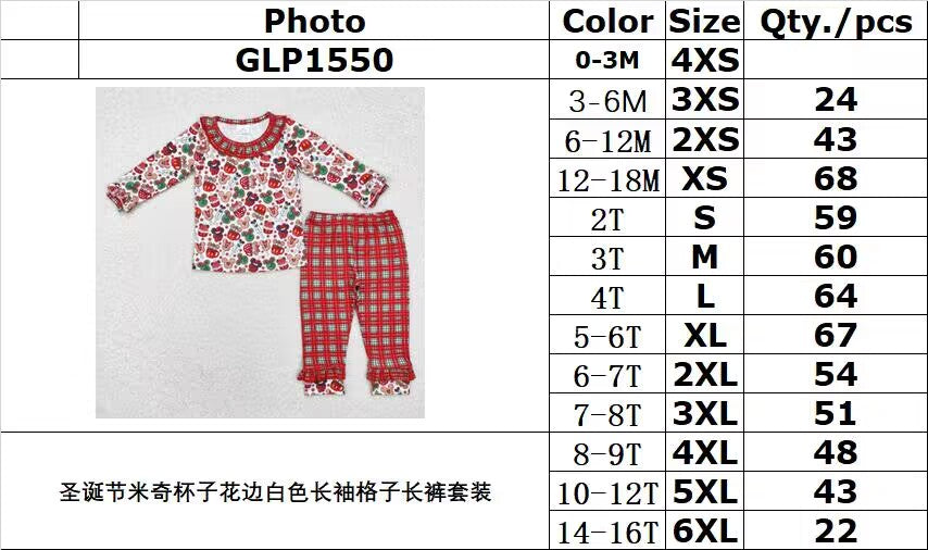 rts no moq GLP1550 Christmas Mickey Cup Lace White Long Sleeve Plaid Pants Set