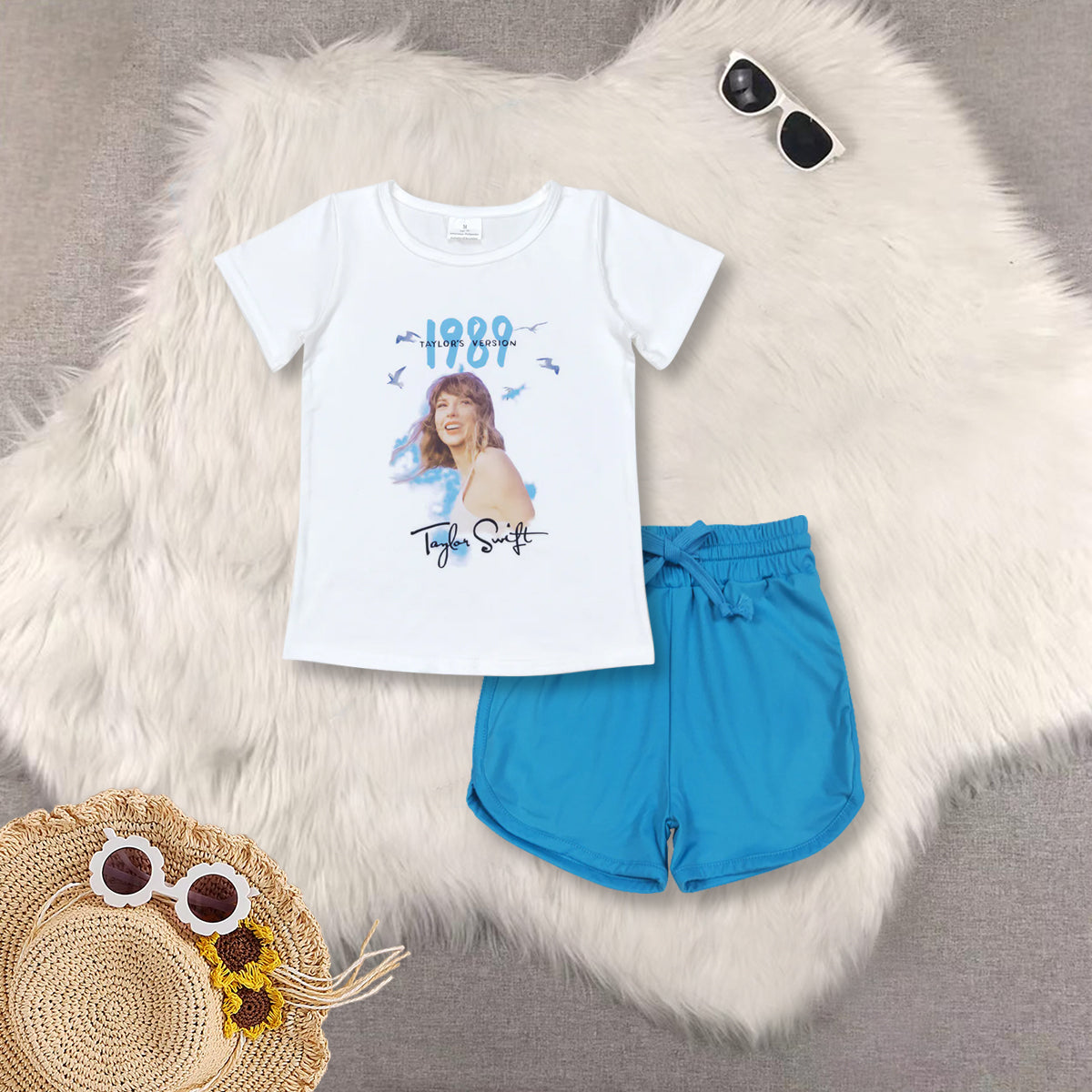 RTS NO MOQ Sibling baby girls clothes 1989 yoga short sleeve sets and top and yoga shorts