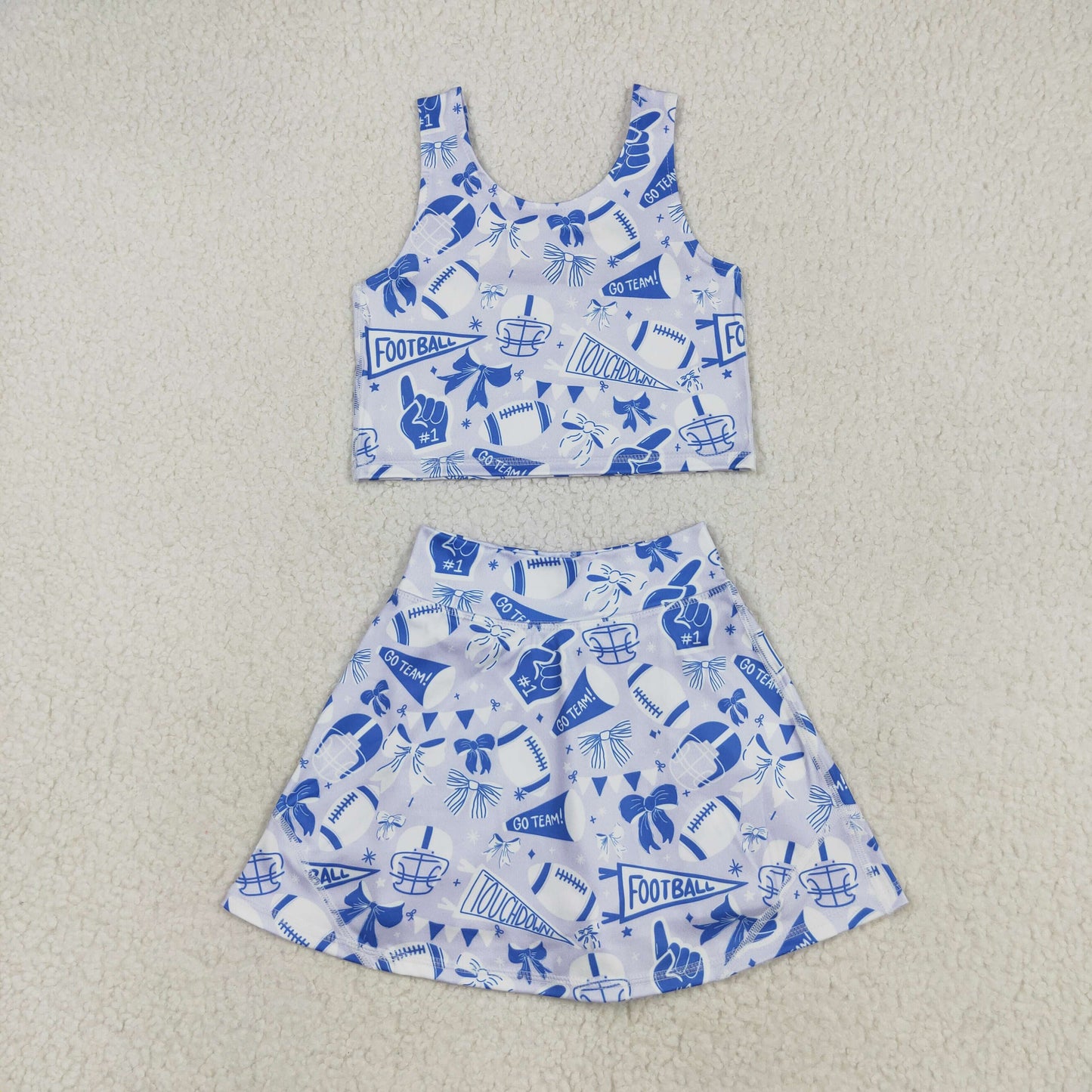 RTS NO MOQ（In Stock ) GSD2688 football flared blue bow pattern sleeveless skirt yoga set