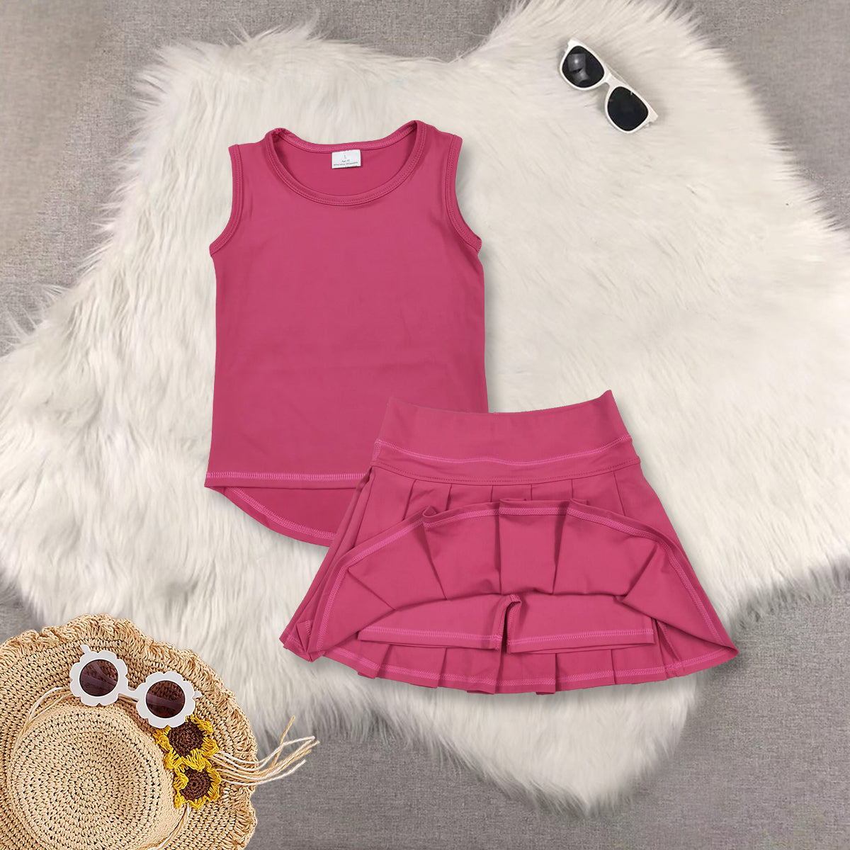 RTS NO MOQ Sibling baby girls clothes yoga Pure rose red sleeveless short skirts sets and Top and skirts