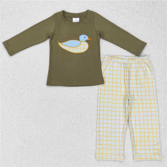 RTS NO MOQ（In Stock) BLP0335 Baby Boys embroidery Duck Pocket Top Stripes Pants Outfits Sets