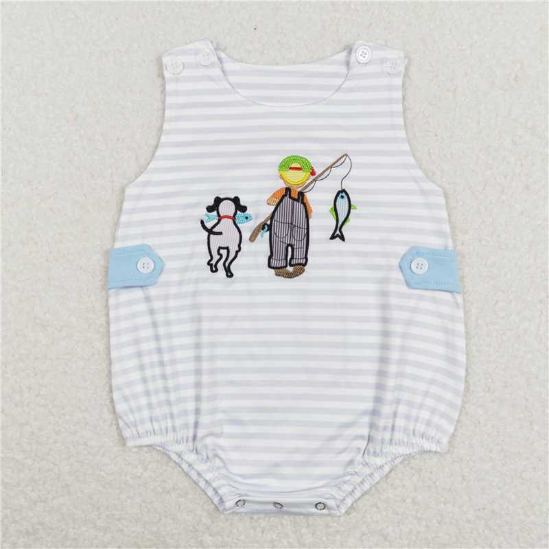 Baby Boys Fishing Blue Stripes Sibling Embroidery Summer Clothes Sets