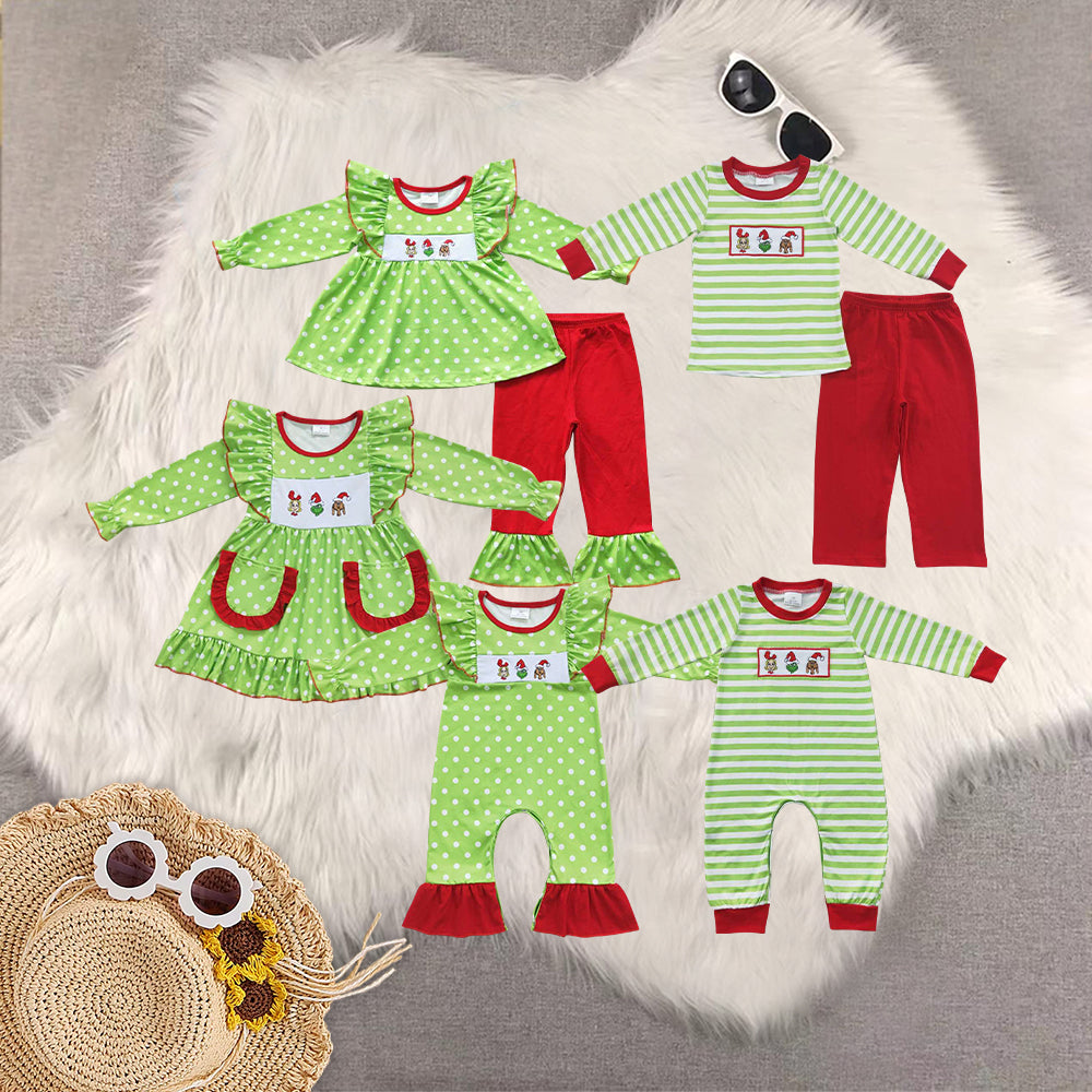RTS NO MOQ Sibling Baby girls clothes Embroidery Christmas cartoon long-sleeved trousers suit & rompers and dress