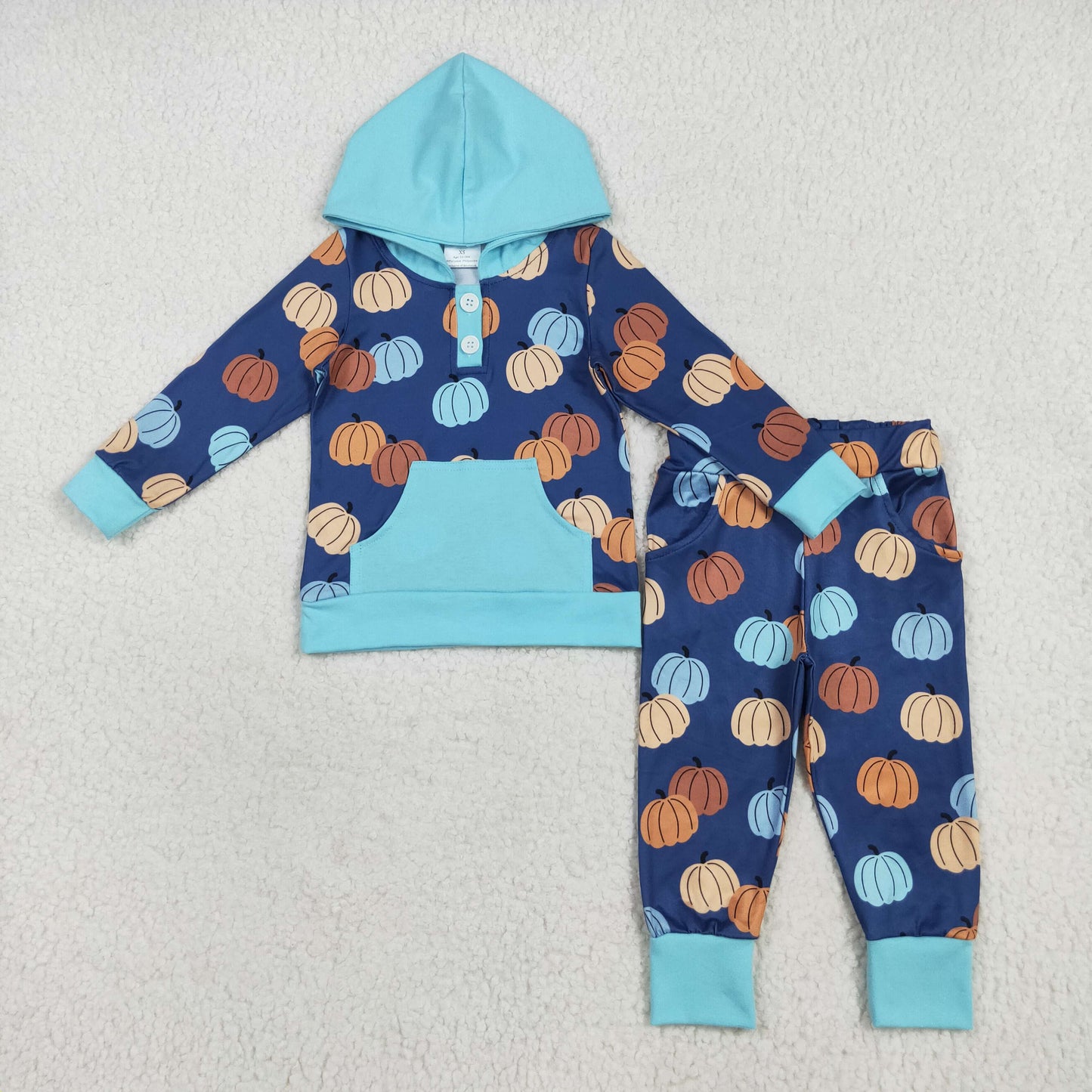 RTS NO MOQ（In Stock) BLP1154 Pumpkin blue pocket hooded long-sleeved trousers set
