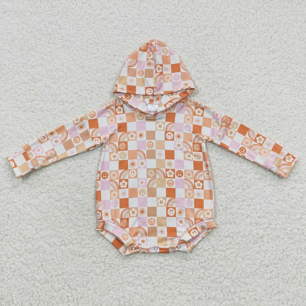 LR0271 Smiley Orange Plaid Hooded Long Sleeve Bodysuit