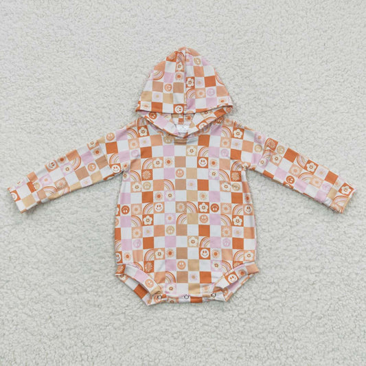 LR0271 Smiley Orange Plaid Hooded Long Sleeve Bodysuit