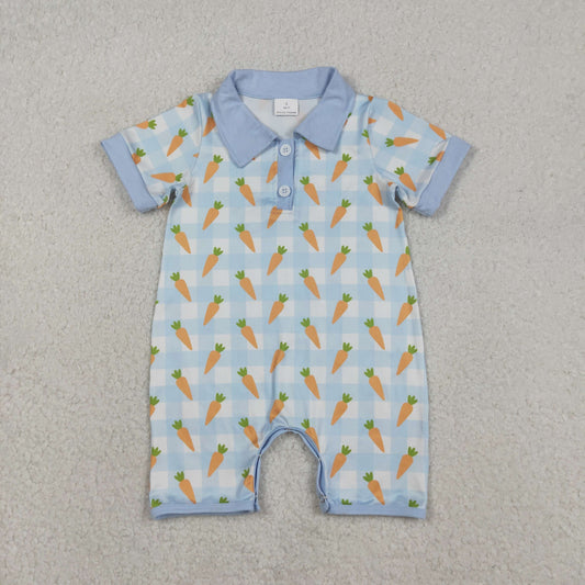 RTS NO MOQ（In Stock) Easter Carrot Blue and White Checkered Button-Up Neckline Short-Sleeve Jumpsuit