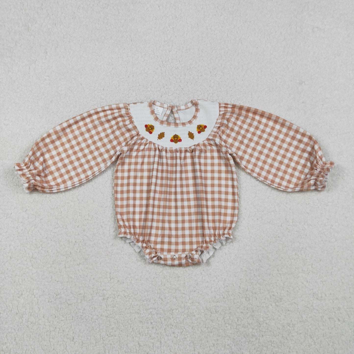 RTS NO MOQ（In Stock) LR2205 Smocked Embroidered Turkey Leaves Brown and White Plaid Long Sleeve Bodysuit