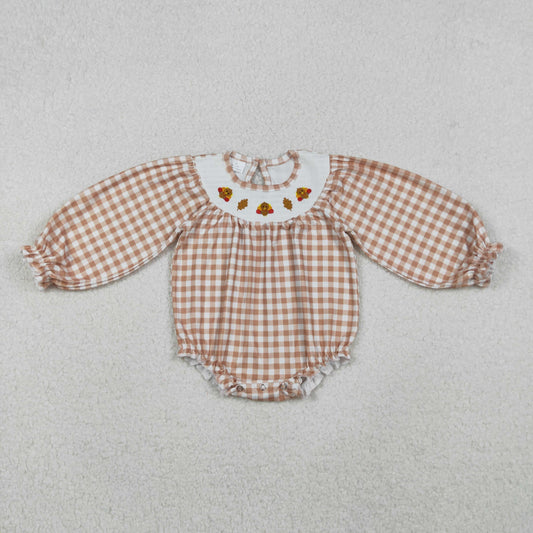 RTS NO MOQ（In Stock) LR2205 Smocked Embroidered Turkey Leaves Brown and White Plaid Long Sleeve Bodysuit