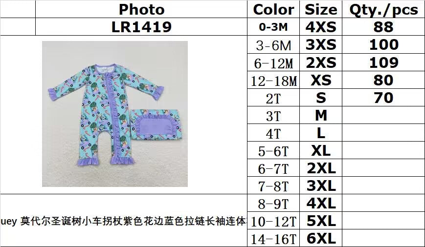 bamboo rts no moq LR1419 bluey Modal Christmas tree cart cane purple lace blue zipper long sleeve jumpsuit