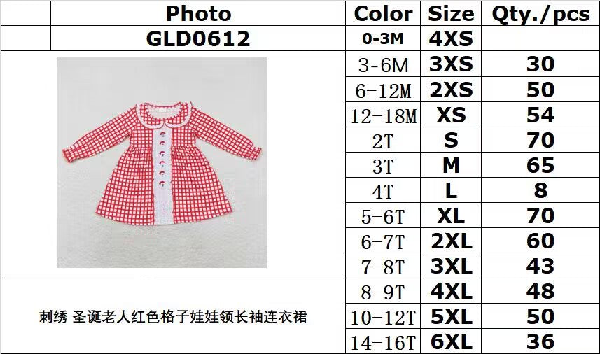 rts no moq GLD0612 Embroidered Santa Claus red plaid doll collar long-sleeved dress