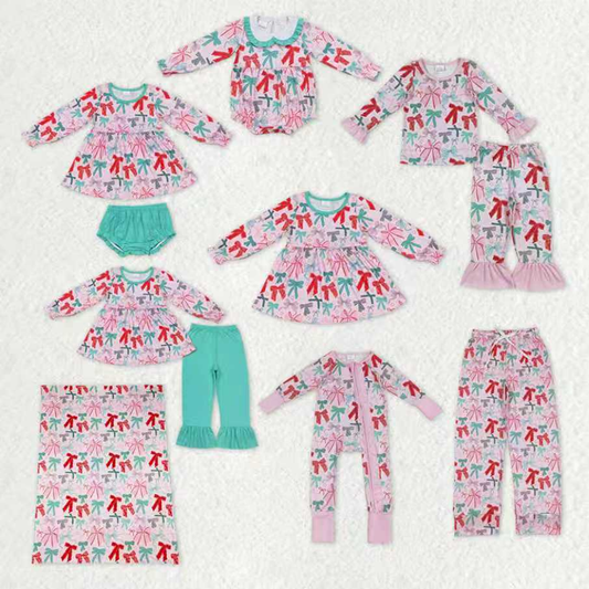 RTS NO MOQ Sibling Baby girl clothes bow long-sleeved trousers suit & rompers and top and pants and blanket and adult pants
