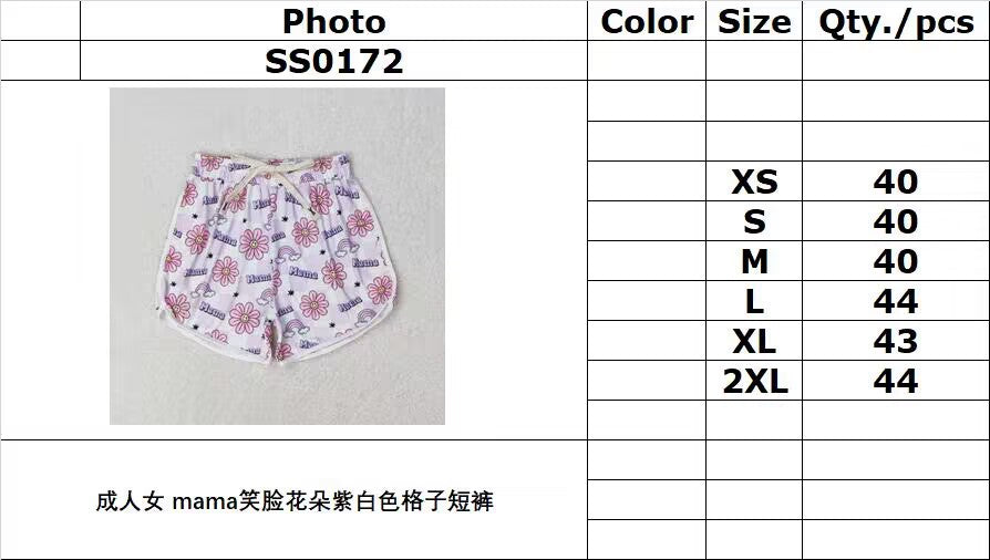 rts no moq SS0172 Adult women mama smiley flower purple and white plaid shorts