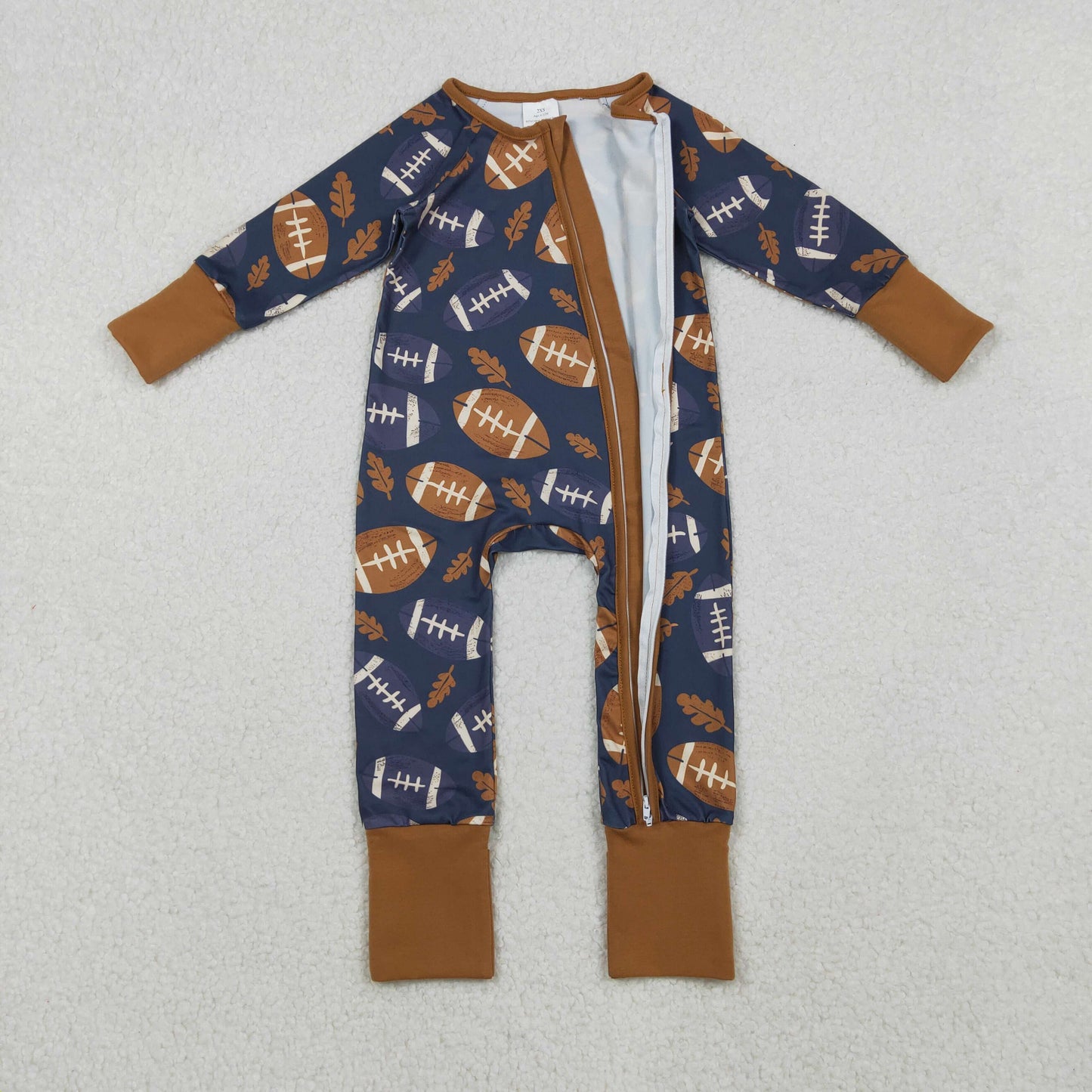 RTS NO MOQ（In Stock) LR2543 Rugby leaf brown and blue zippered long-sleeved bodysuit