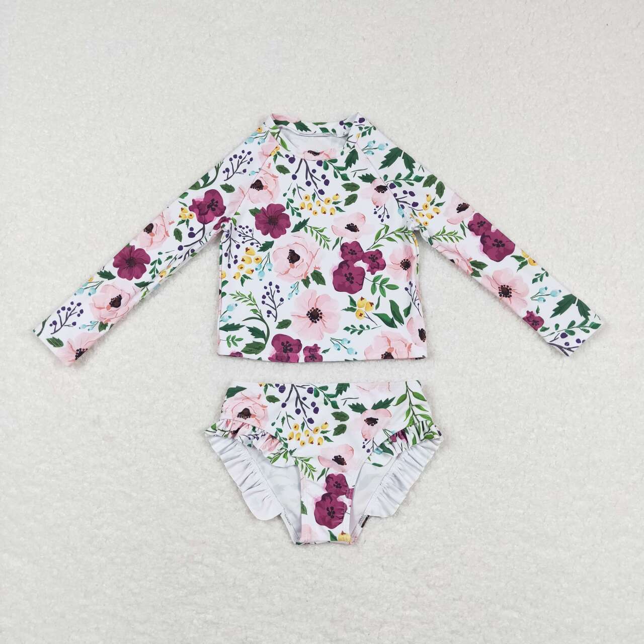 S0180 Pink and purple floral white long-sleeved swimsuit suit