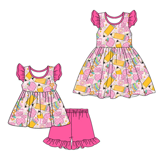 1.23 custom each style moq 5eta 4-6week Sibling Sister pencil baby girl short sleeve shorts sets and dresses match design