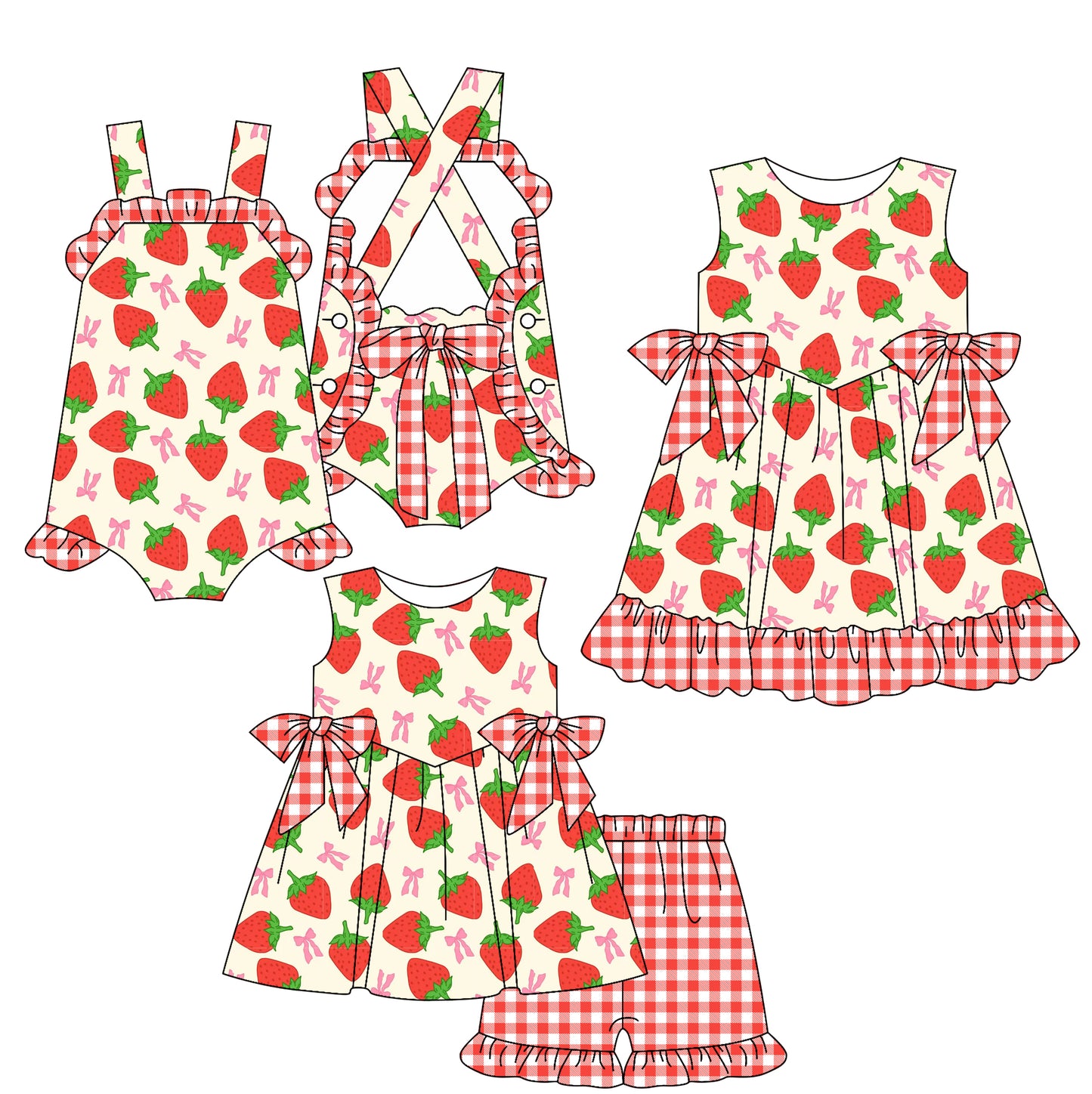25.12.25 custom each style moq 5 eta 6-8week Sibling Sister strawberry bow baby short sleeve shorts sets and romper and dress match design