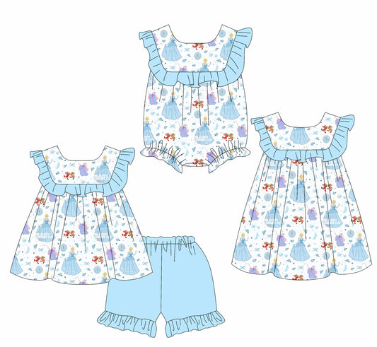 1.24 custom each style moq 5eta 4-6week Sibling Sisters disney princess baby girl short sleeve shorts sets and dress and rompers match family design