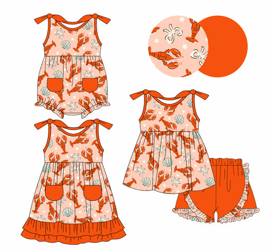 1.7 custom each style moq 5eta 4-6week Sibling Sister crayfish baby girl short sleeve shorts sets and dress and rompers match family design