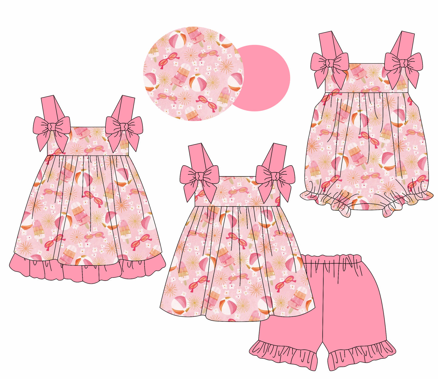 1.18 custom each style moq 5eta 4-6week Sibling Sisters baby girl short sleeve shorts sets and dress and rompers match family design