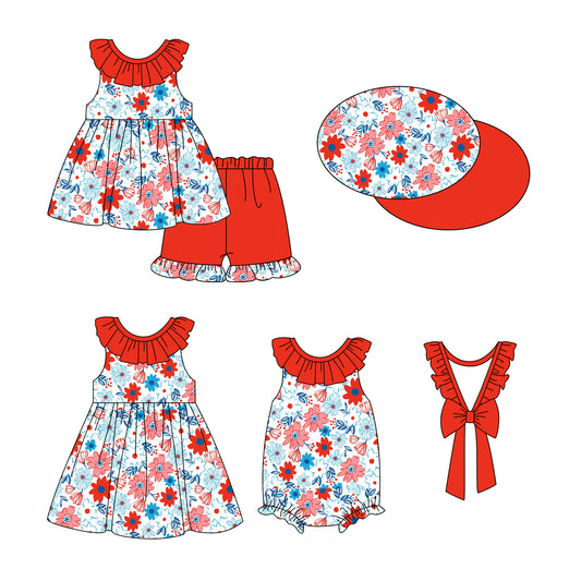 12.28 custom each style moq 5eta 4-6week Sibling Sister floral baby girl short sleeve shorts sets and dress and rompers match family design