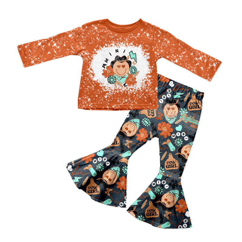 5.14custom each style moq 5eta 4-5week Halloween pumpkin prints orange long sleeves and black bell-bottom