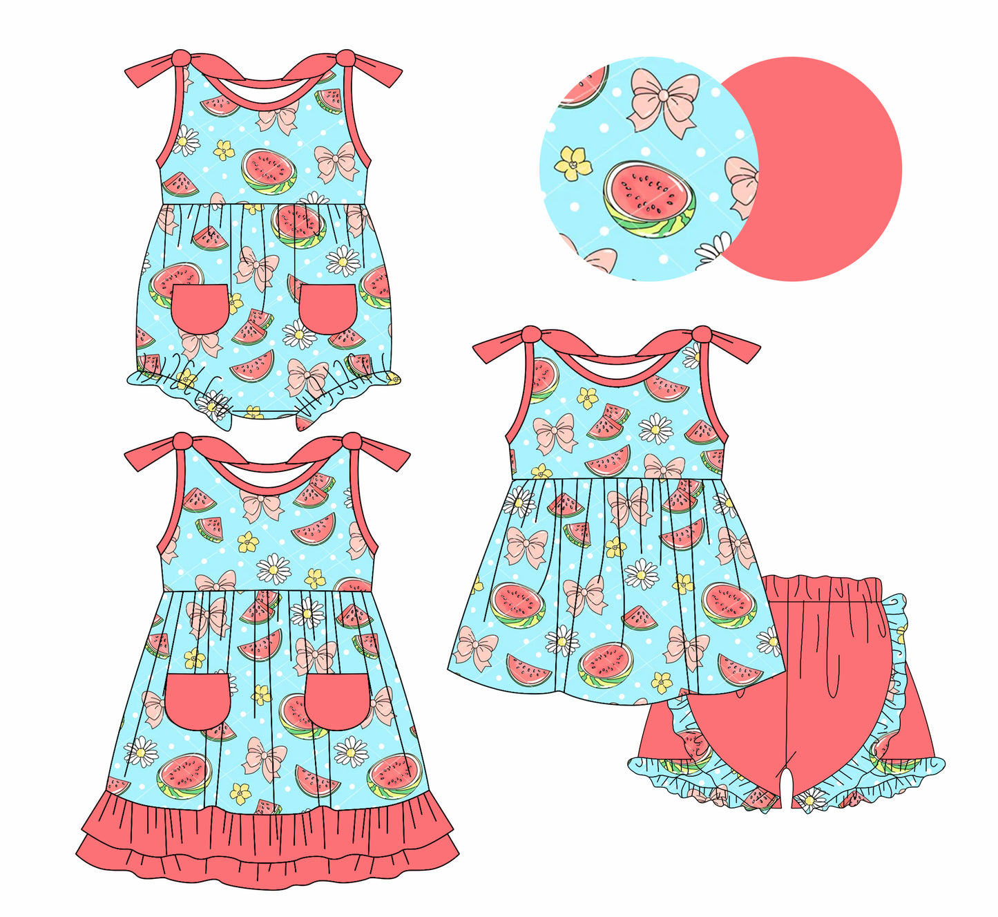 1.6 custom each style moq 5eta 4-6week Sibling Sister watermelon floral bow baby girl short sleeve shorts sets and dress and rompers match family design